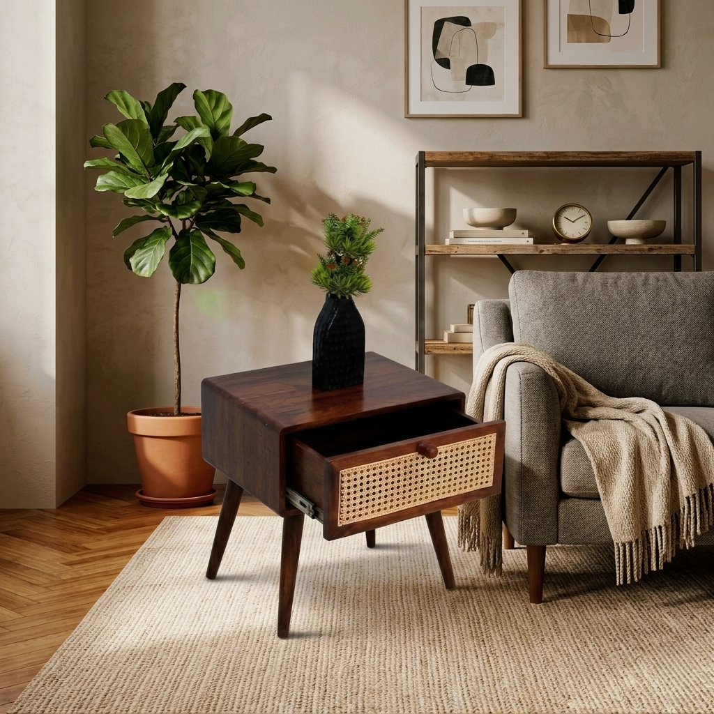 Walnut Rattan Solid Mango Wood Bedside End Table with Storage Drawer