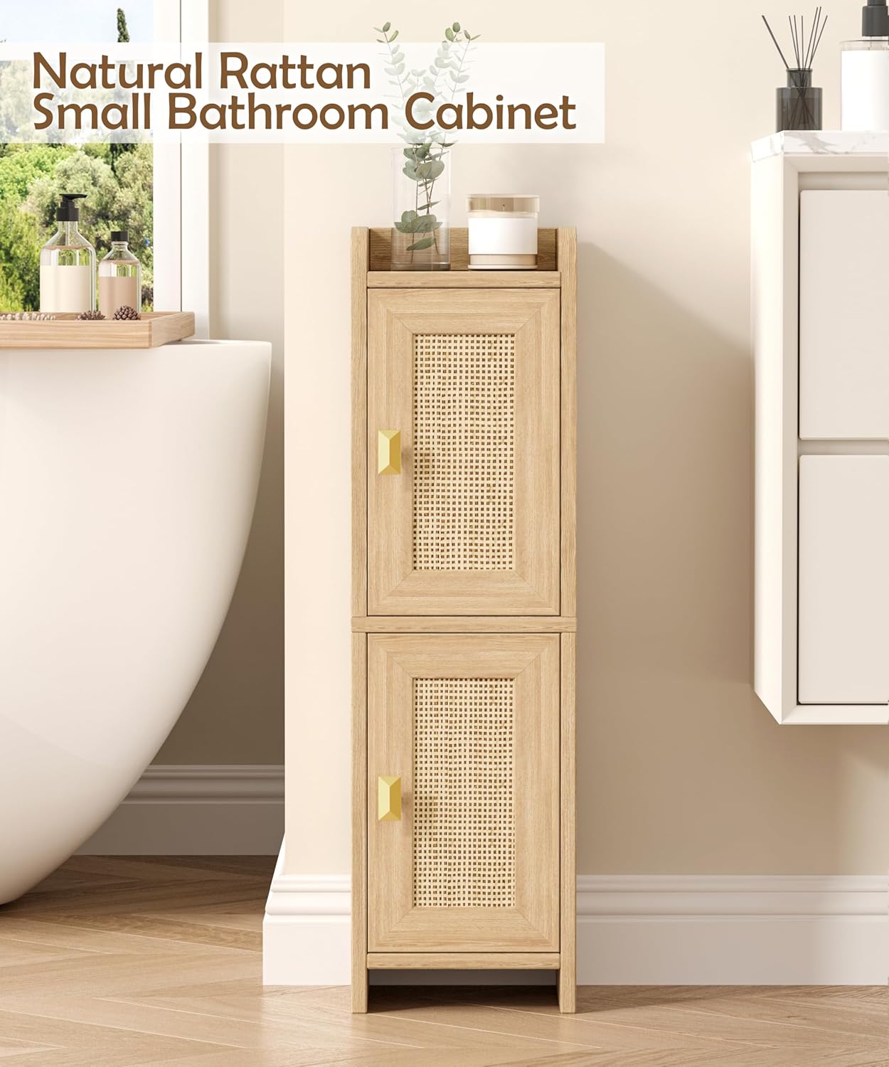 Rattan Small Bathroom Storage Cabinet – Slim Boho Organiser | Frizka India