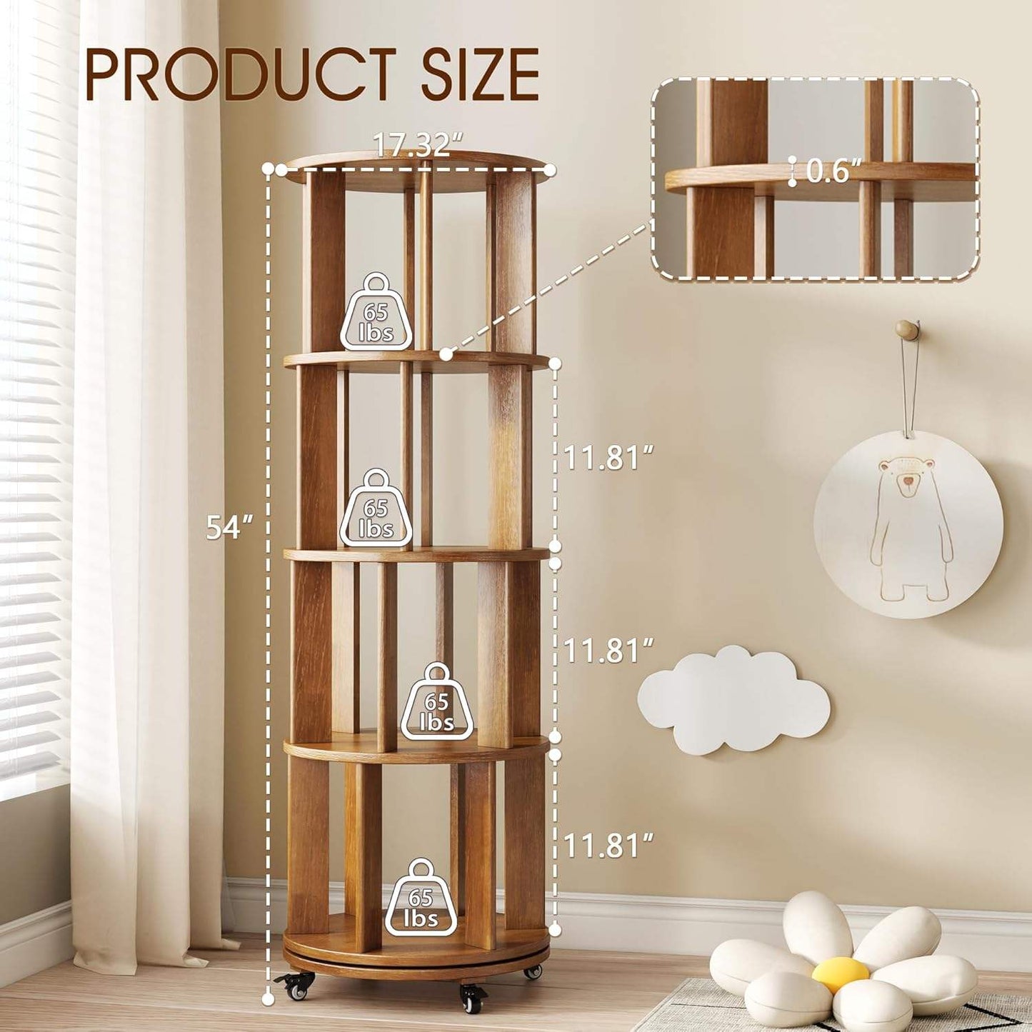 Living Room 360° Rotating Bookshelf Tower with Lockable Wheels
