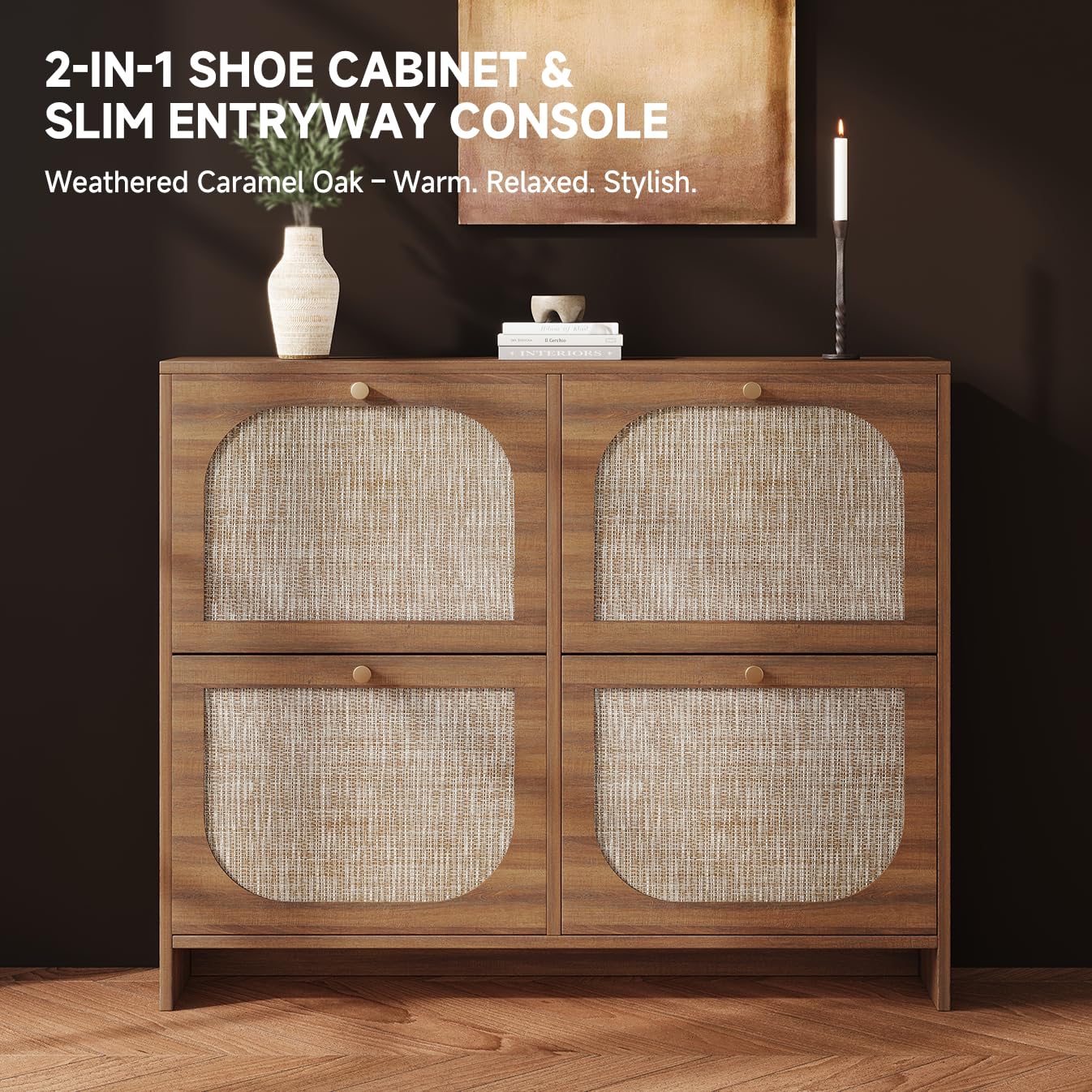 Arched Rattan Entryway Cabinet with Pull-Out Drawers and 3-Tier Adjustable Shoe Rack for Hallway and Foyer