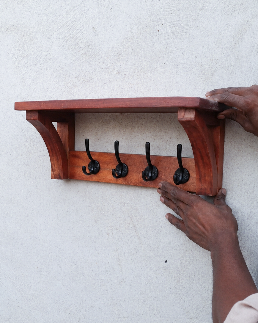 Solid Mango Wood Wall Mounted Shelf with 4 Metal Hooks