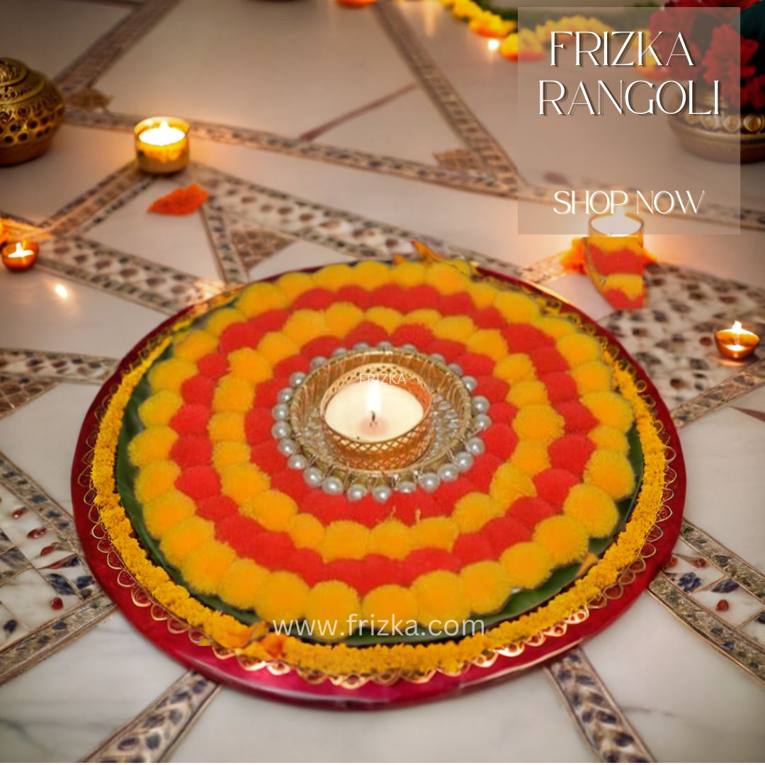 Frizka Artificial Flower Rangoli for Diwali Decoration with Tea Light Diya (Red and Yellow)