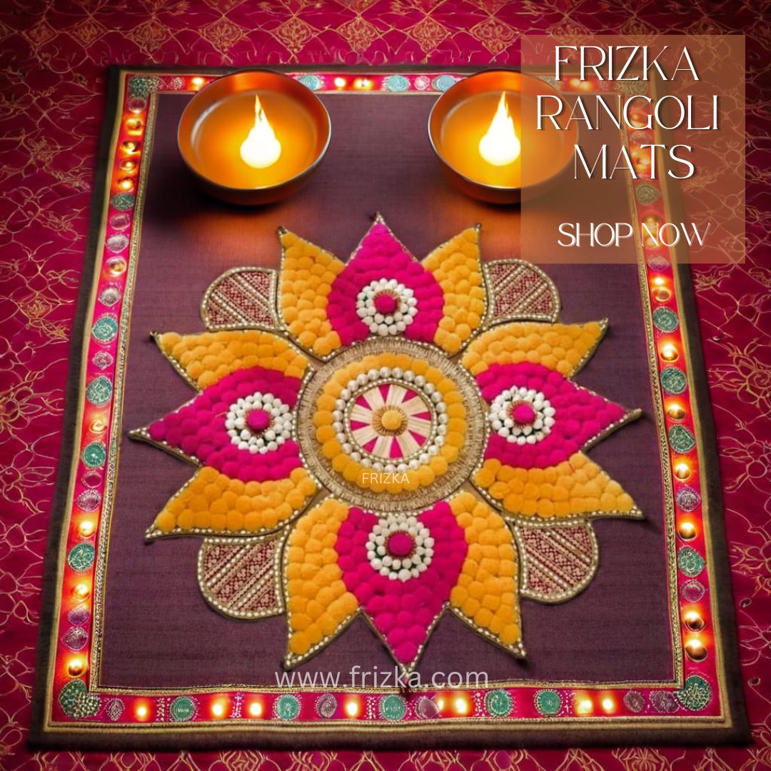 Frizka Indian Floral Rangoli Set, Gota Patti & Pom Pom, Navratri Pooja Table Decor, Indie Room Decor, Wedding Event Diwali Decoration, Kolam Mats