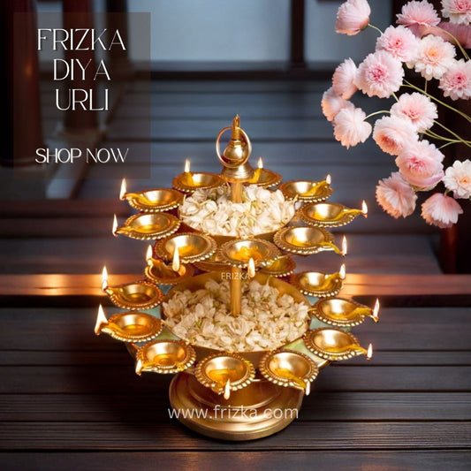 Frizka 2 Layer Urli Bowl for Home Decoration, Idol for Floating diyas, tealight Candles and Flowers, Home, Office and Table Décor, Diwali Decoration Items (Golden, 2 Layer)- 1 Piece