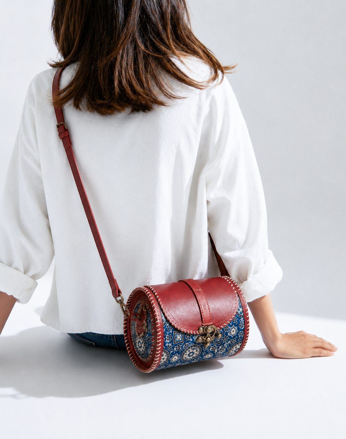 Handcrafted Blue Ajrakh Print Leather Sling Bag