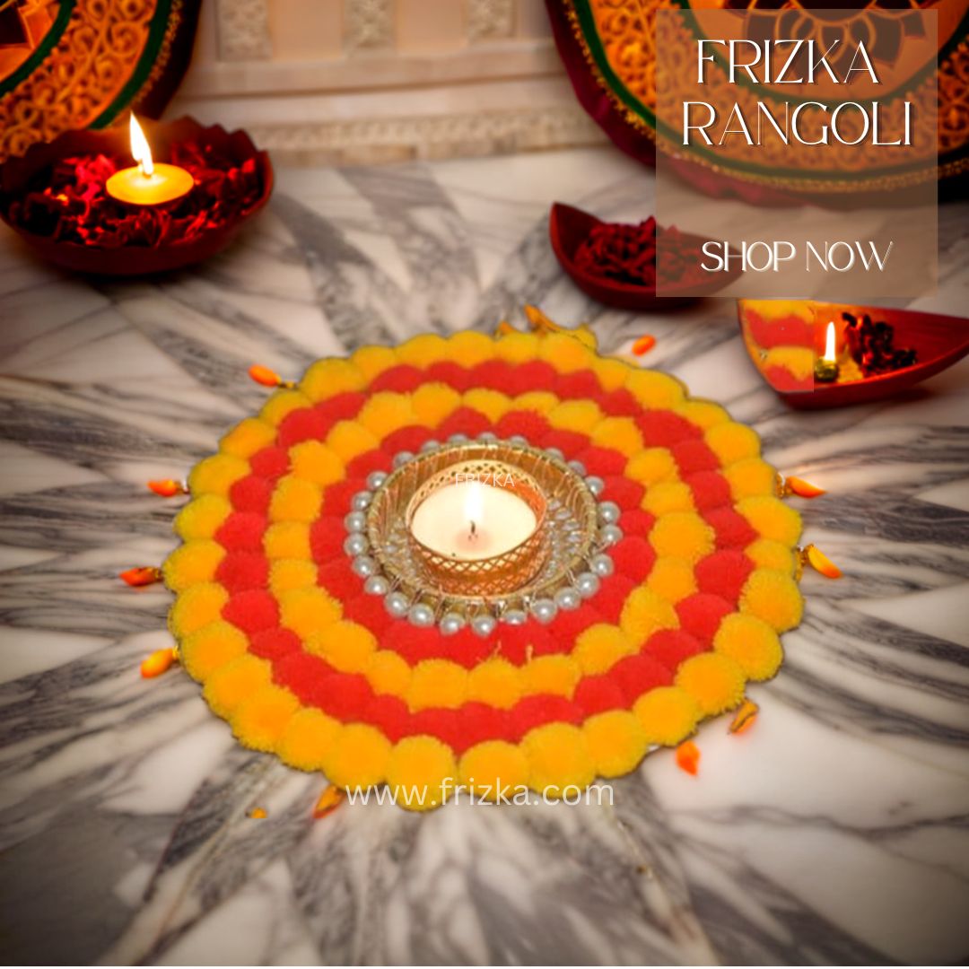 Frizka Artificial Flower Rangoli for Diwali Decoration with Tea Light Diya (Red and Yellow)