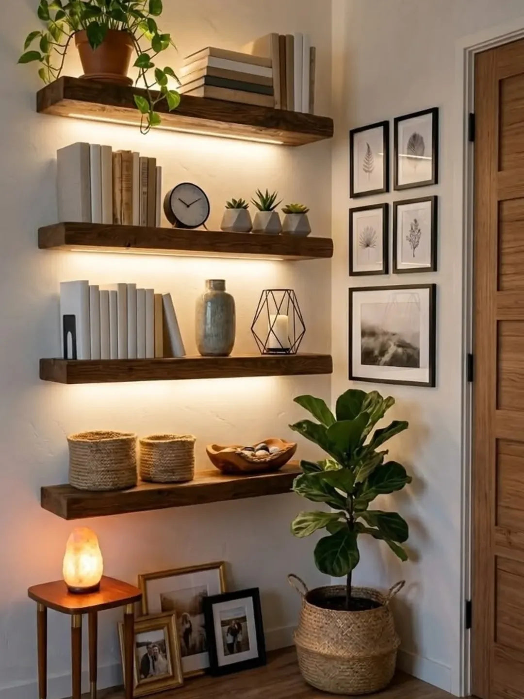 Rustic Floating Shelf Set of 4 (48-inch) with 3 Large Woven Floor Baskets | Boho Wall Storage India