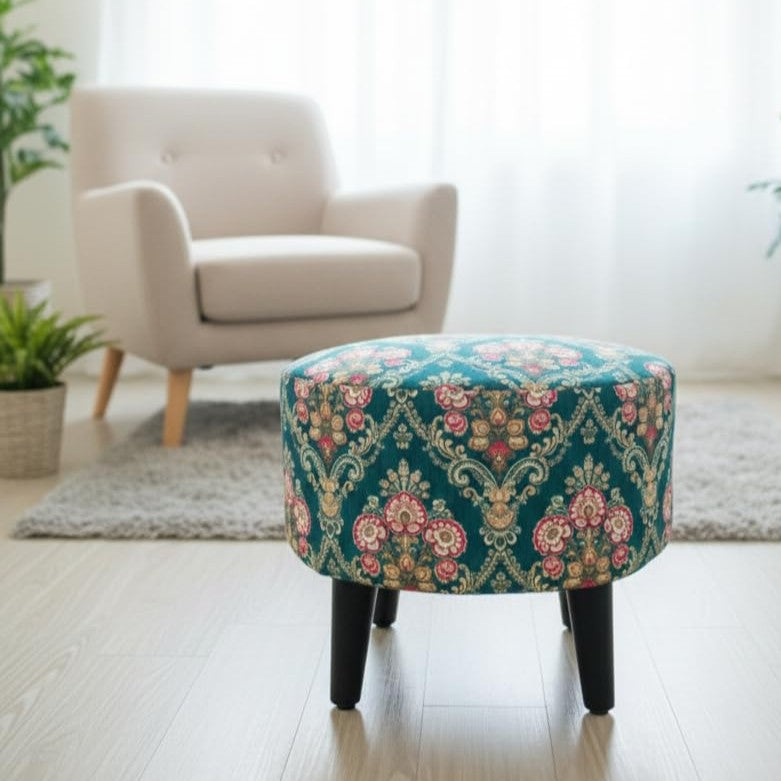 Teal Floral Damask Pouffe