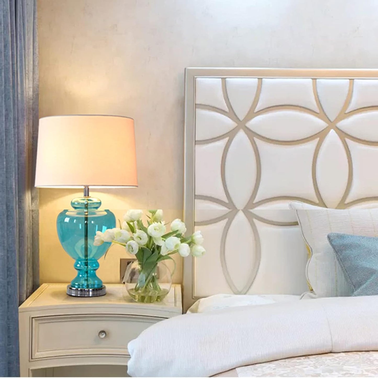 Glass Table Lamp with Fabric Shade | Modern Bedside Lamp