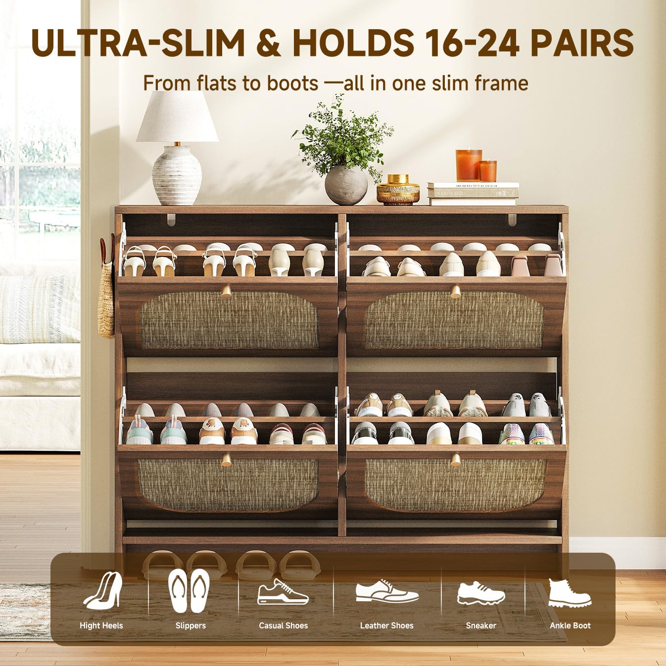 Arched Rattan Entryway Cabinet with Pull-Out Drawers and 3-Tier Adjustable Shoe Rack for Hallway and Foyer
