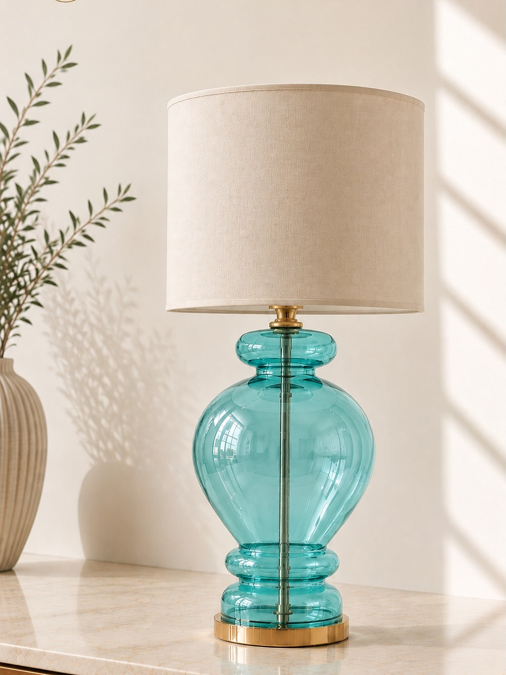 Glass Table Lamp with Fabric Shade | Modern Bedside Lamp