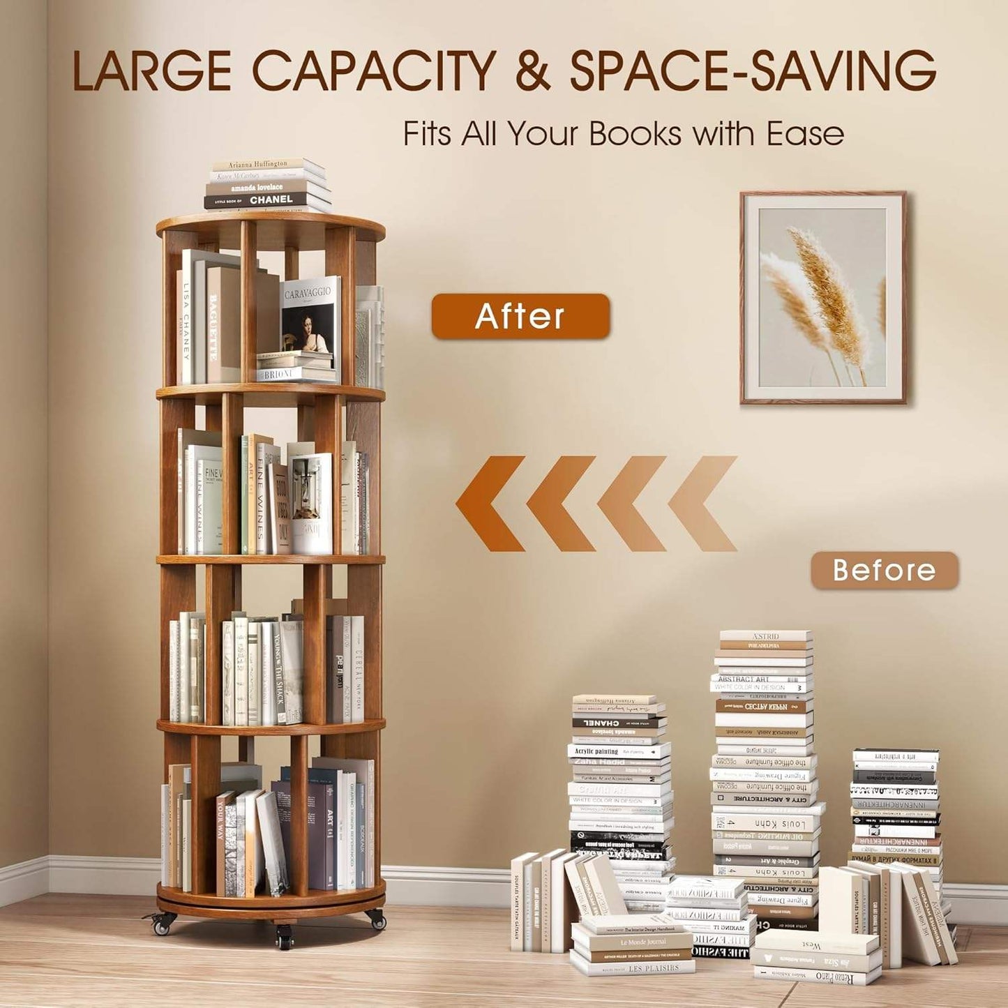 Living Room 360° Rotating Bookshelf Tower with Lockable Wheels