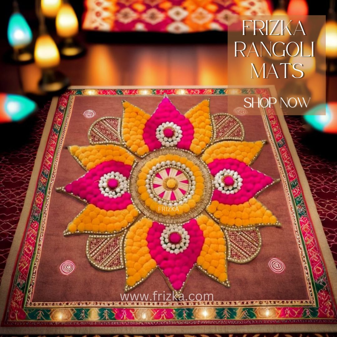 Frizka Indian Floral Rangoli Set, Gota Patti & Pom Pom, Navratri Pooja Table Decor, Indie Room Decor, Wedding Event Diwali Decoration, Kolam Mats