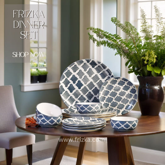 Frizka Moroccan Hand-Painted Premium Dinner Set Ceramic 12 Pcs for Family of 4 | 4 Dinner Plates, 4 Side/Quarter Plates & 4 Bowl/katori | Dishwasher & Microwave Safe - Grey