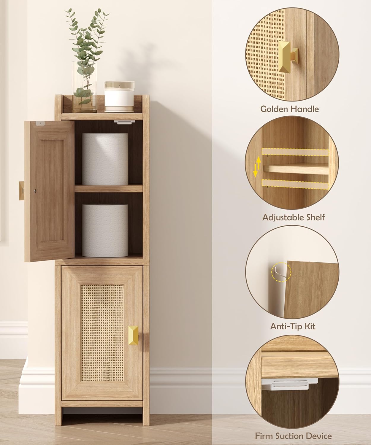Rattan Small Bathroom Storage Cabinet – Slim Boho Organiser | Frizka India