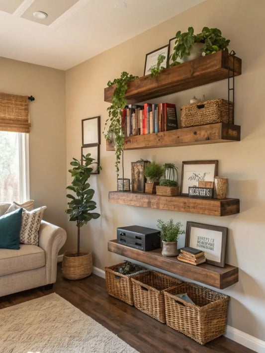 Rustic Floating Shelf Set of 4 (48-inch) with 3 Large Woven Floor Baskets | Boho Wall Storage India