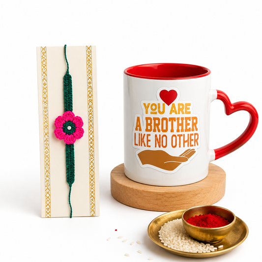 Handmade Crochet Flower Rakhi with Mug Gift Set | Raksha Bandhan Gift for Brother