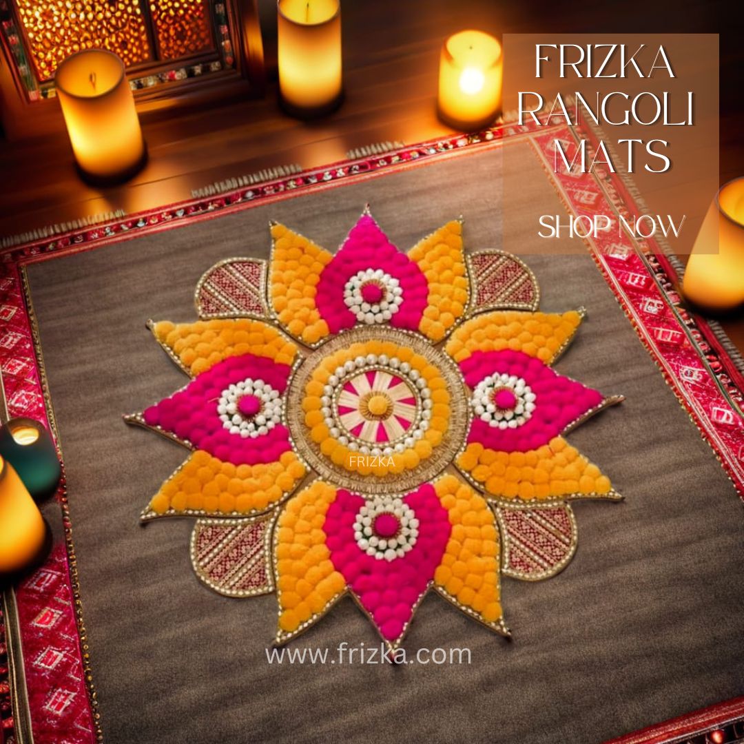 Frizka Indian Floral Rangoli Set, Gota Patti & Pom Pom, Navratri Pooja Table Decor, Indie Room Decor, Wedding Event Diwali Decoration, Kolam Mats