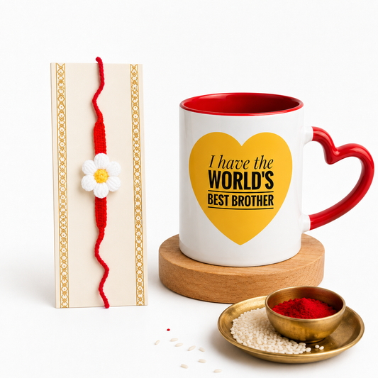 World's Best Brother Heart Handle Mug with Handmade Crochet Rakhi Gift Set | Raksha Bandhan Gift for Brother