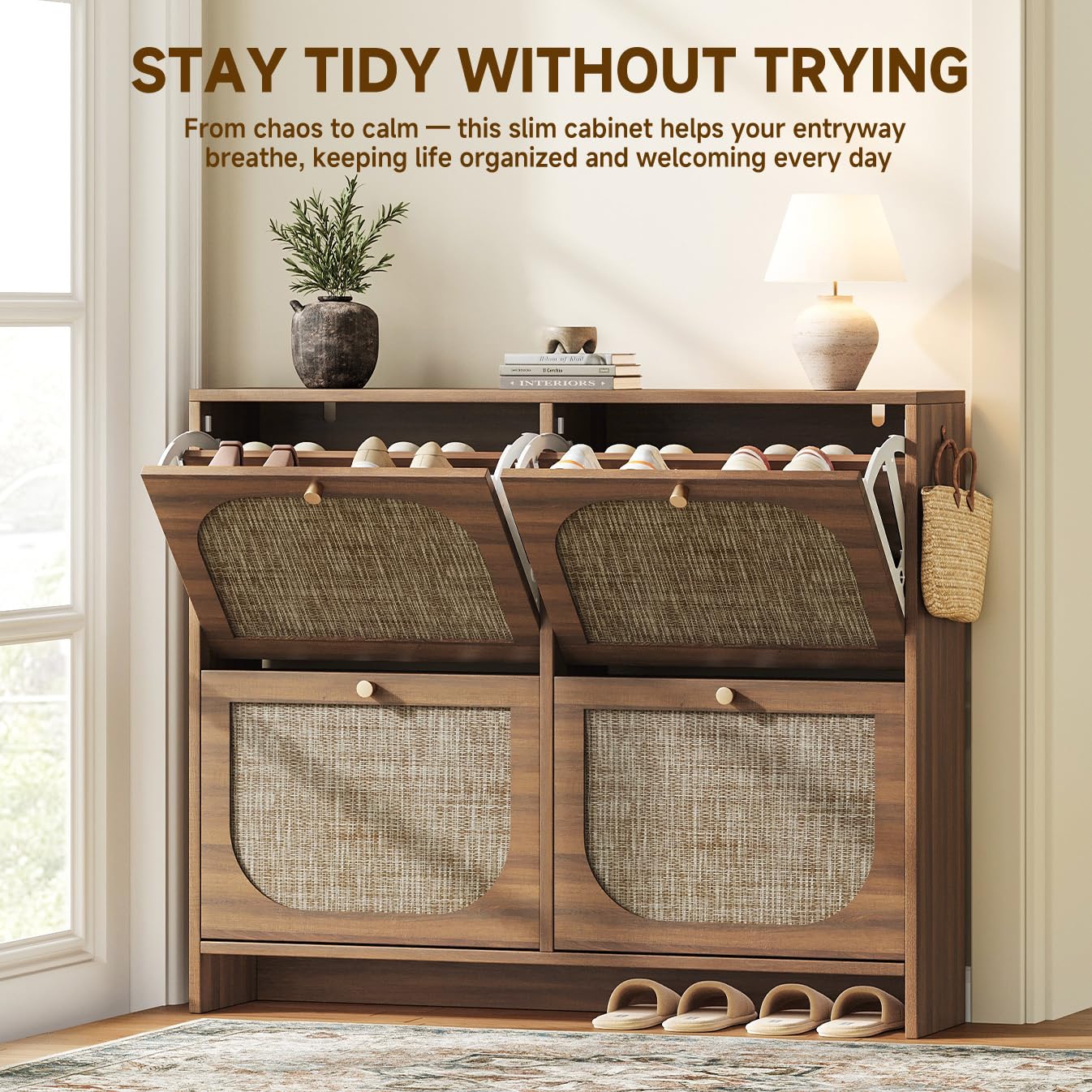 Arched Rattan Entryway Cabinet with Pull-Out Drawers and 3-Tier Adjustable Shoe Rack for Hallway and Foyer