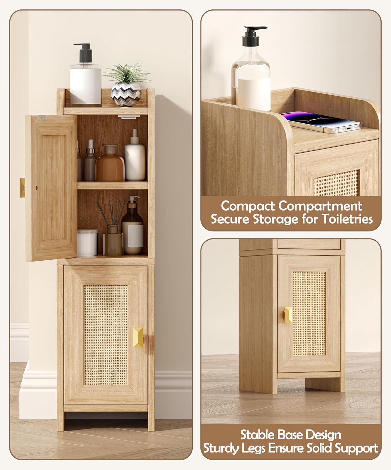 Rattan Small Bathroom Storage Cabinet – Slim Boho Organiser | Frizka India