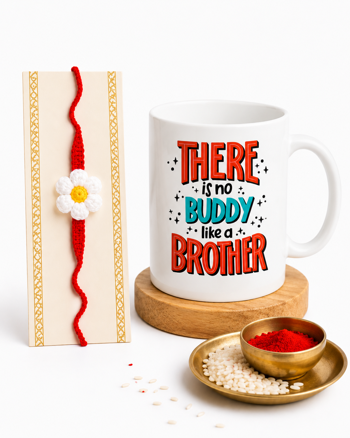 "There Is No Buddy Like a Brother" Coffee Mug with Handmade Crochet Rakhi Gift Set | Raksha Bandhan Gift for Brother