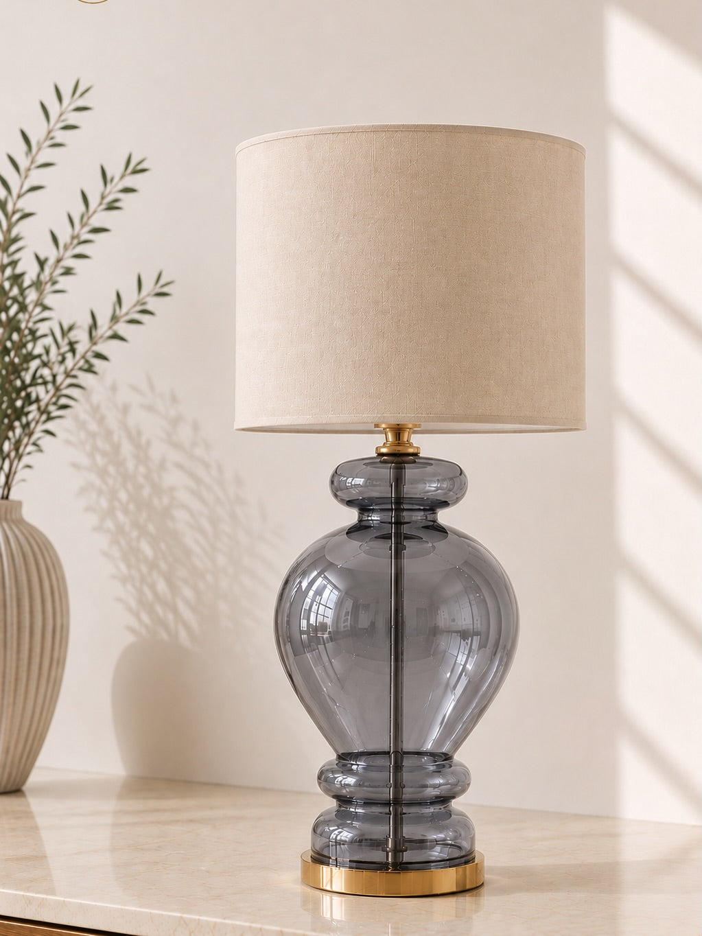 Glass Table Lamp with Fabric Shade | Modern Bedside Lamp