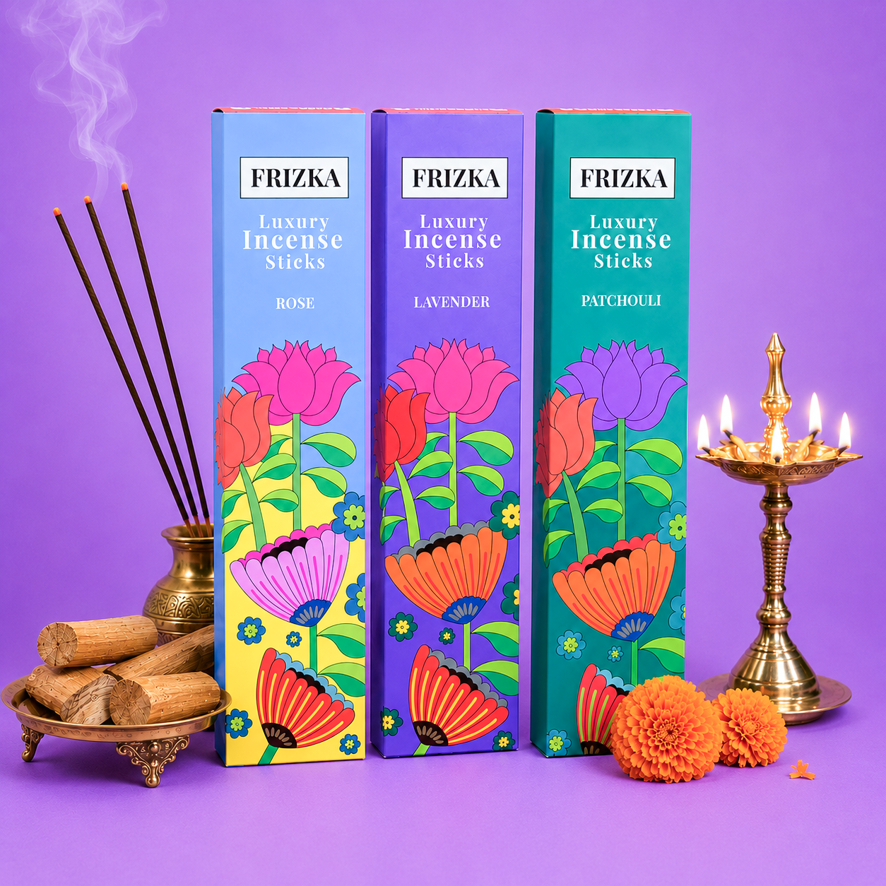 Frizka's 3-in-1 Rose, Lavender &amp; Patchouli Incense Sticks (9 Boxes)