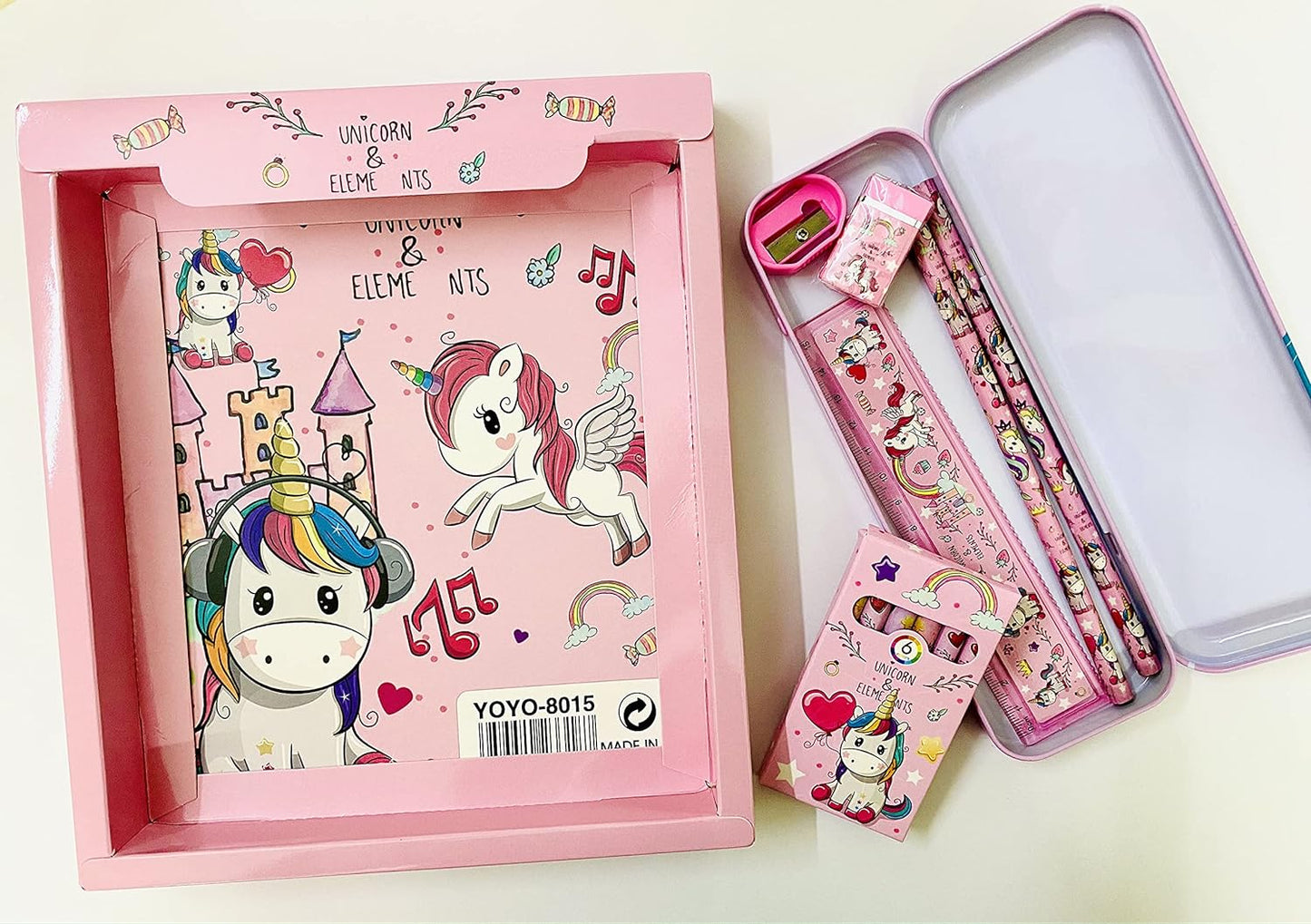 Trendy Decent Latest Theme Girls unicorn Theme Imported Pencil Box Set Stationery Combo Metal Geometry Pencil Box 1 Ruler Scale Pencil Sharpner Eraser 2 pencils & 6 Crayon Colors Set