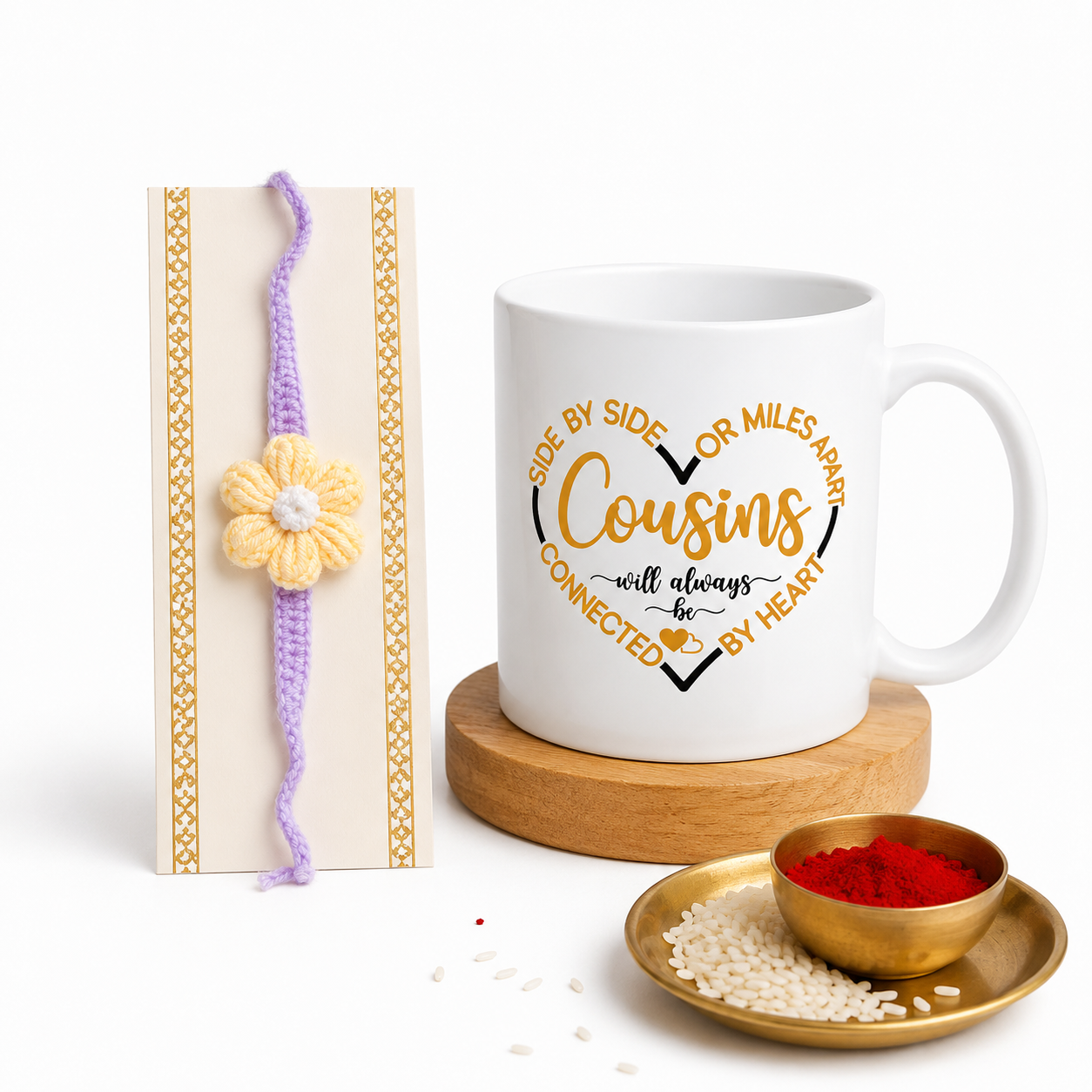 Handmade Crochet Cousins Rakhi with Printed White Ceramic Mug Gift Set | Raksha Bandhan Gift for Cousin | Reusable Coffee Mug & Rakhi Combo