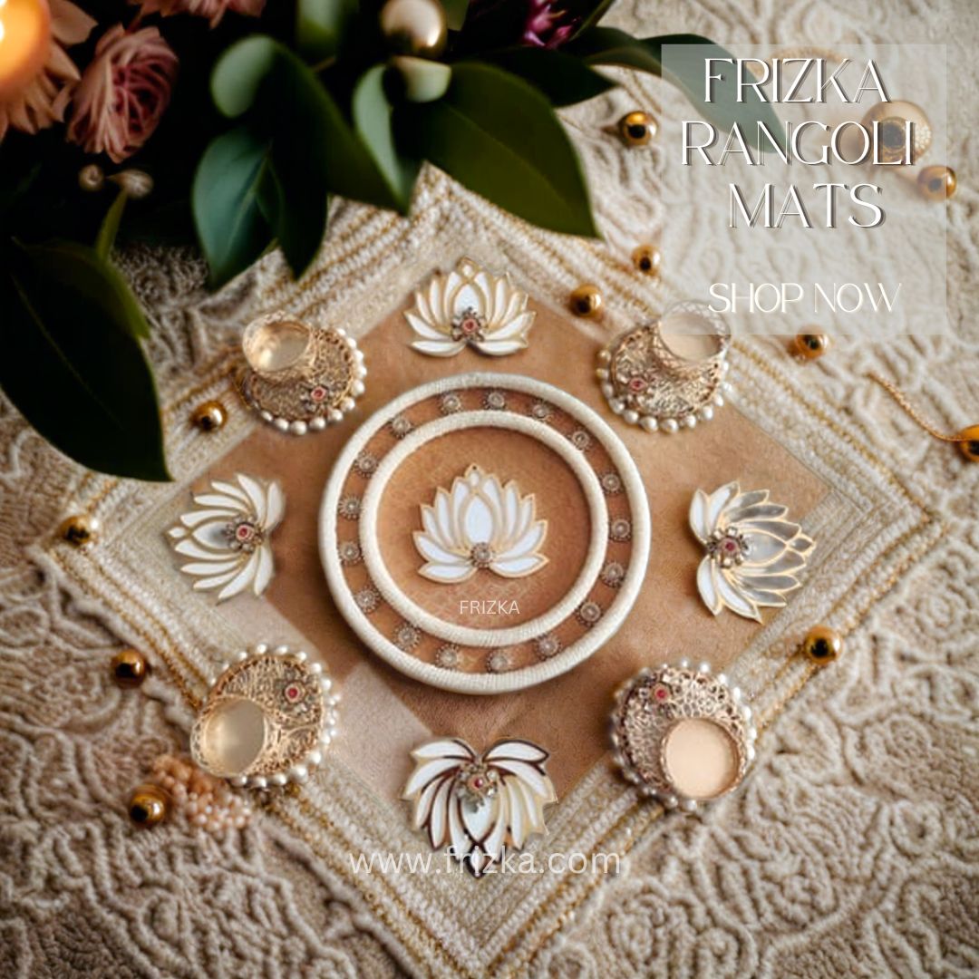 Frizka Handmade Indian White Color Lotus Rangoli Set, Velvet Rose Flower Brass Tealight Holder Set  (Multicolor, Pack of 9)