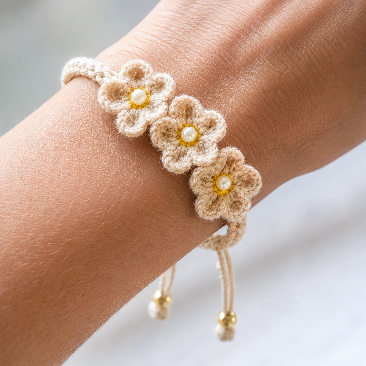 Handmade Crochet Daisy Flower Bracelet