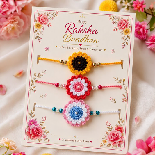 Sunflower, Pink Floral & Blue Floral Cotton Thread Rakhi