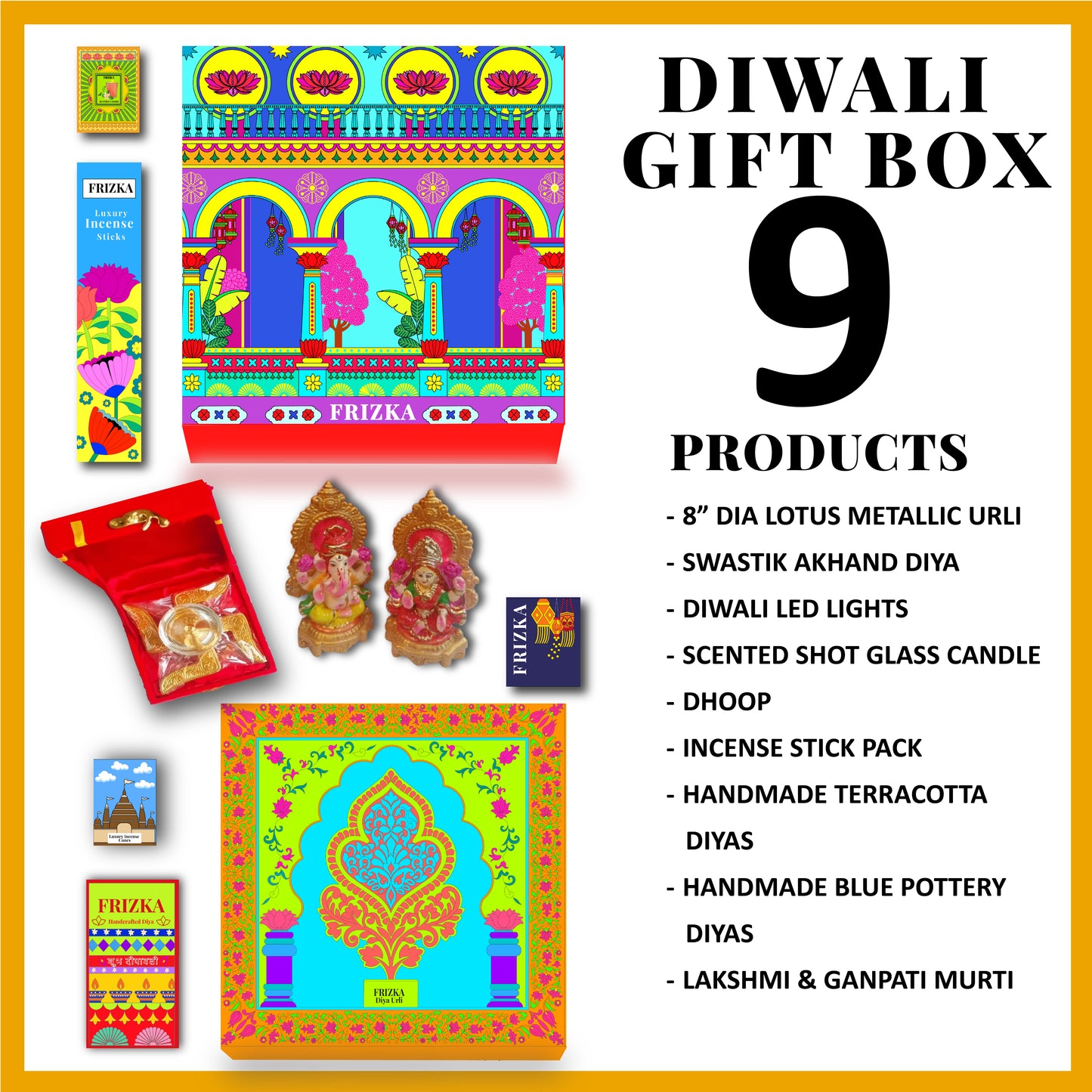 Frizka Happy Diwali Gift Box 2025 | Premium Festival Hamper with Incense, Diyas, Lights Laxmi Ganpati Murti, Decor & Candles | Diwali Pooja & Gifting Pack