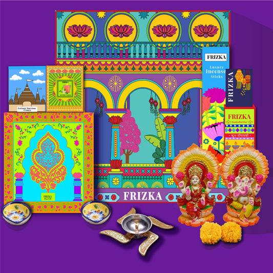 Frizka Happy Diwali Gift Box 2025 | Premium Festival Hamper with Incense, Diyas, Lights Laxmi Ganpati Murti, Decor & Candles | Diwali Pooja & Gifting Pack