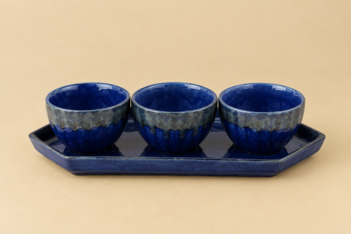 Ceramic Bowl Set with Serving Tray (Set of 4)