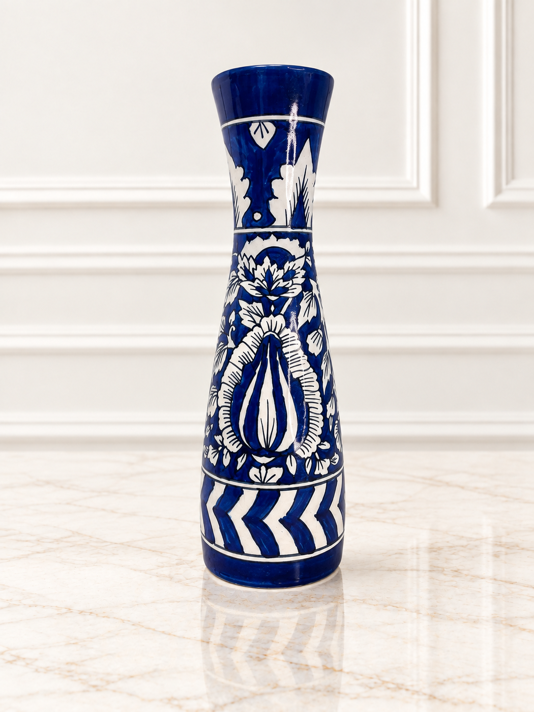 Mughal Art Khurja Tall Ceramic Vase - Hand-Painted Blue & White Floral Pottery (12-inch)