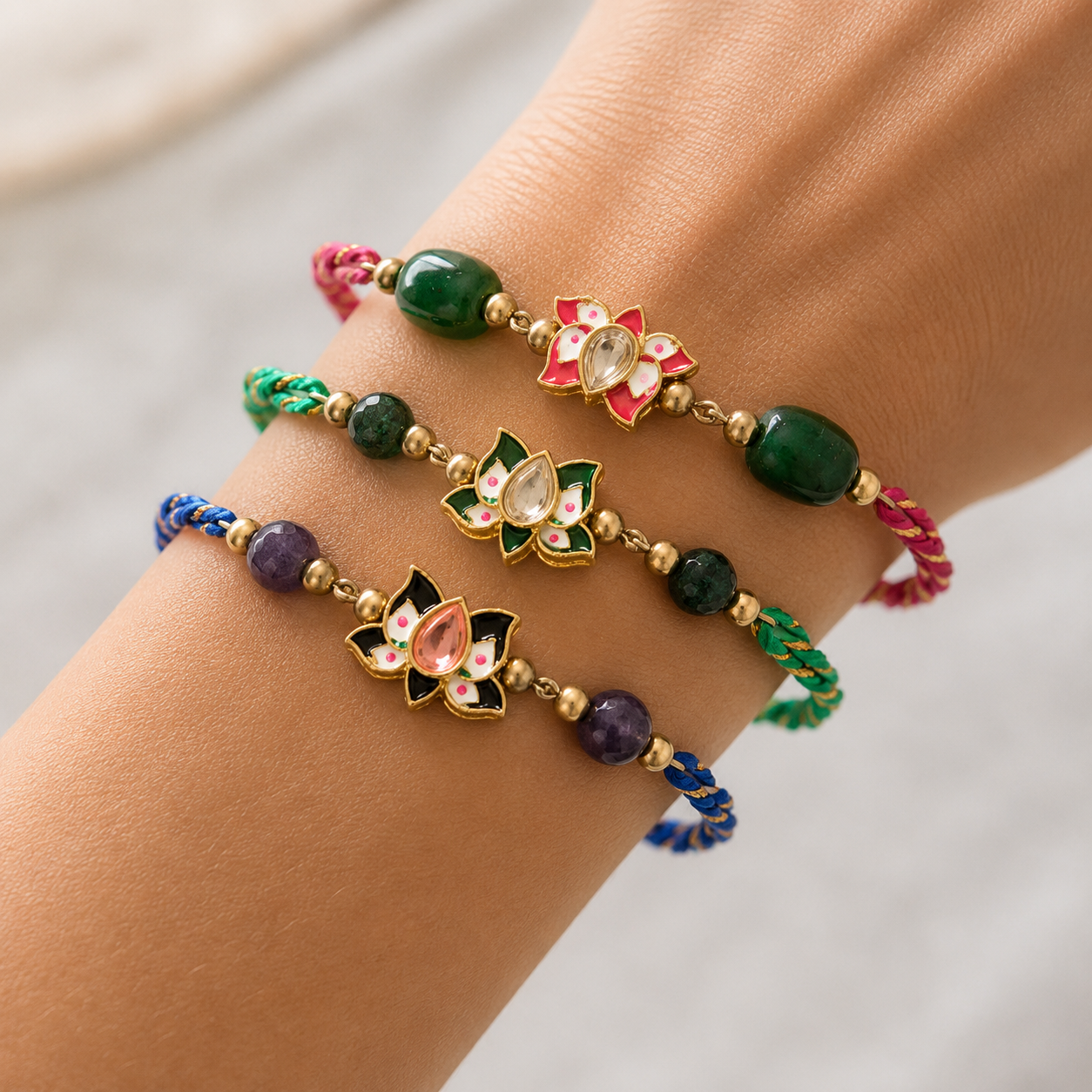 Set of 4 Handmade Braided Rakhis with Beaded Charms
