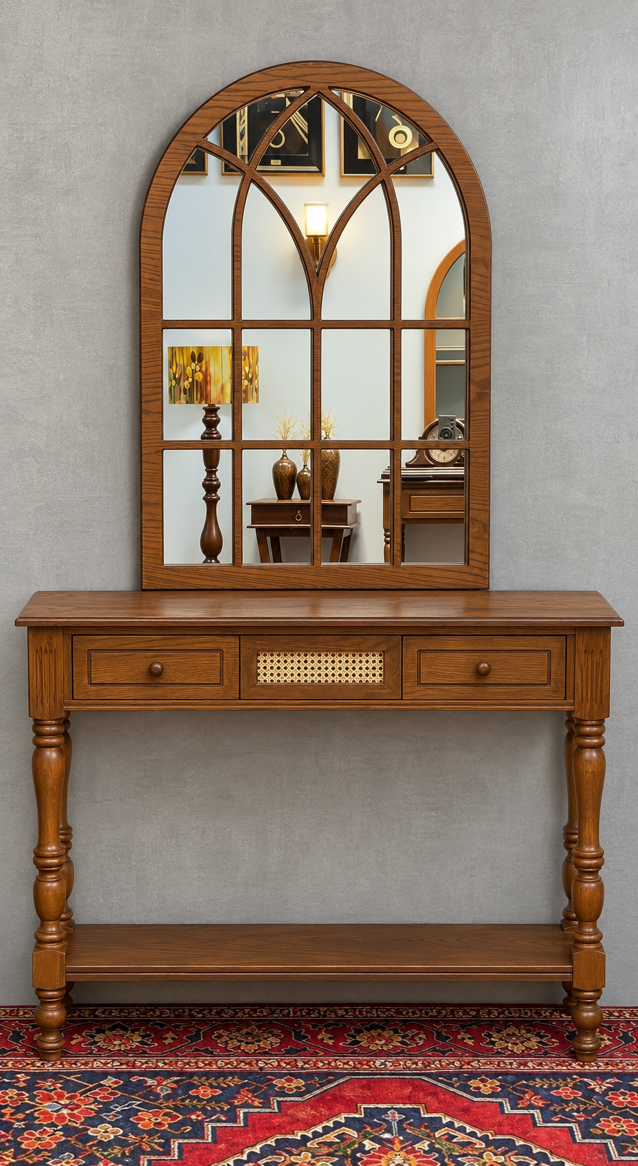 Royal Wooden Console Cabinet with Arched Decorative Mirror