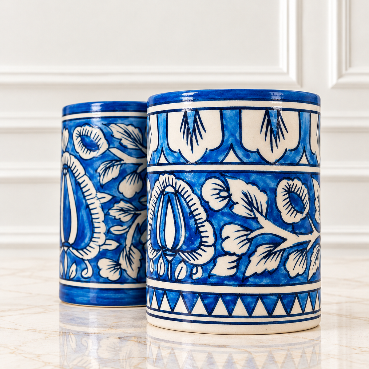 Royal Mughal Hand-Painted Khurja Ceramic Planter Pot (Set of 2)