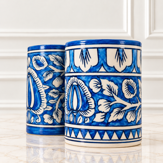 Royal Mughal Hand-Painted Khurja Ceramic Planter Pot (Set of 2)