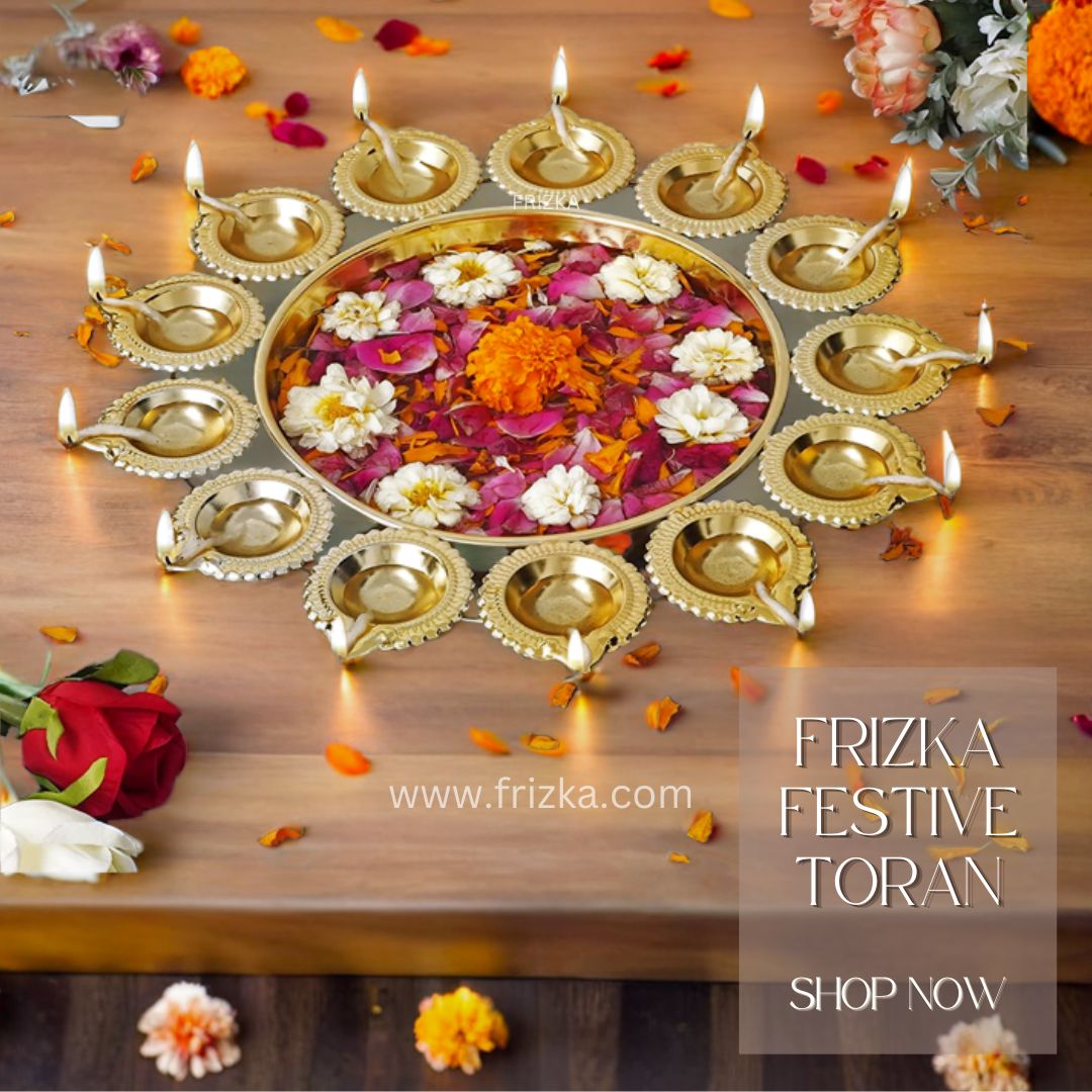 Frizka   Premium Diya Shape Gold Plated Decorative Urli Bowl with Wax Candle for Home Decor Handcrafted Bowl Floating Flowers and Tea Light Candles for Diwali Decoration Items (14.17 Inches) - 1 Piece