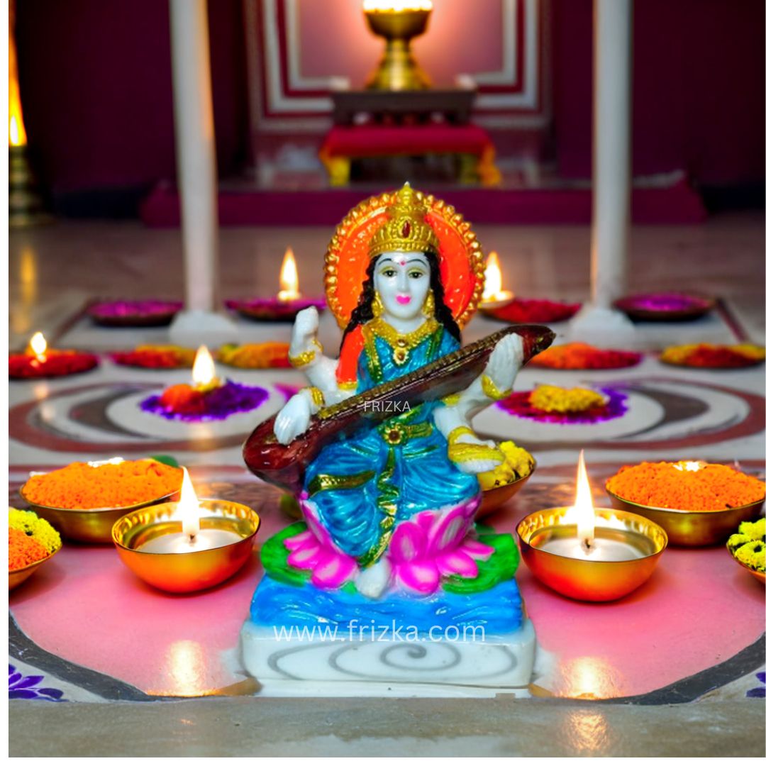 Frizka Saraswati Marble Statue Murti for Pooja Room Idols Home Decor Decorative Showpiece - 6.5 cm height