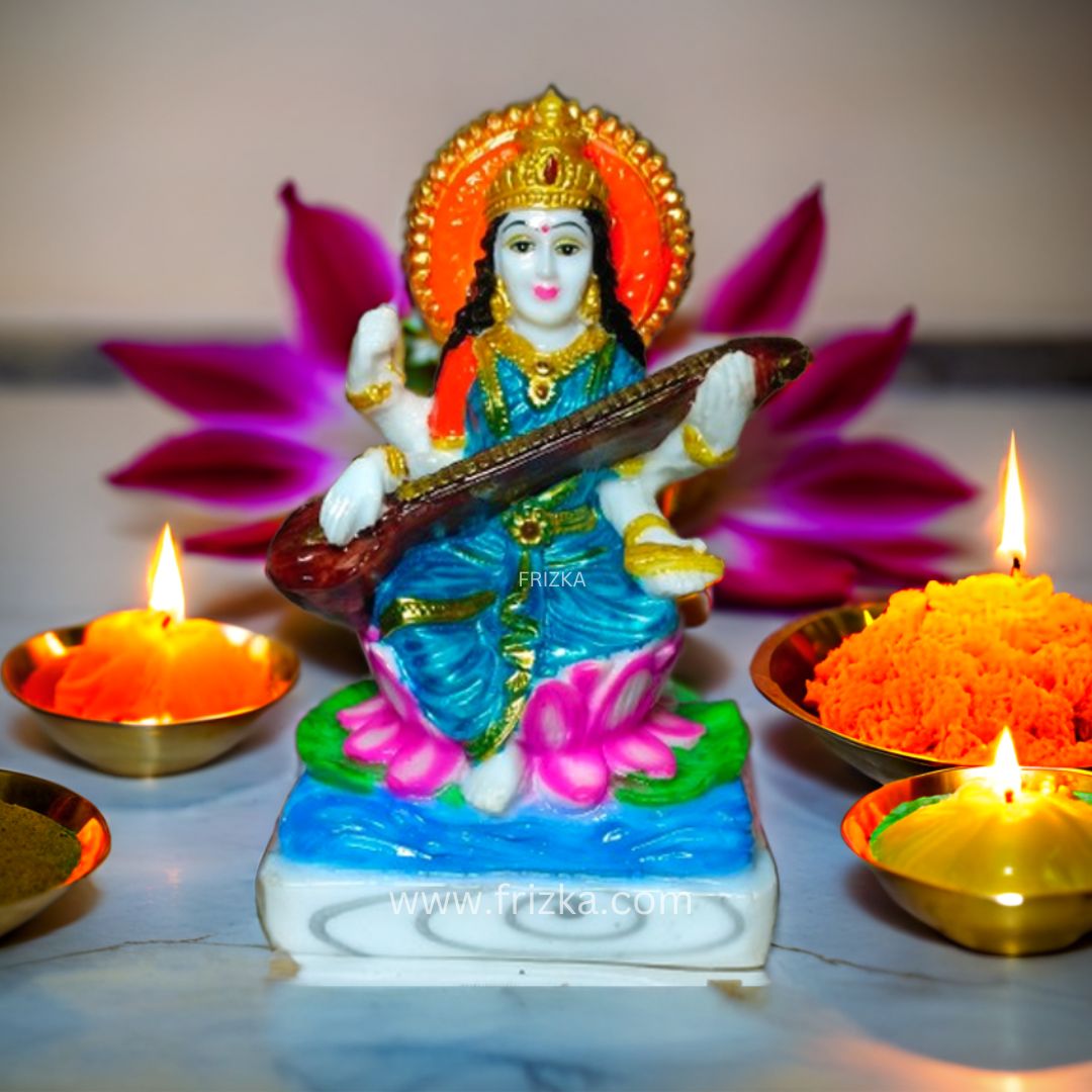 Frizka Saraswati Marble Statue Murti for Pooja Room Idols Home Decor Decorative Showpiece - 6.5 cm height