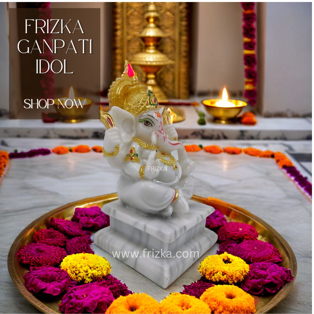 Frizka Marble Dust Ganesha Ganpati Vinayaka Idol Statue Ganesh ji Murti for Pooja Room, Living Room Home Office Decor Gifting Item (White, 5.5 inch Height)