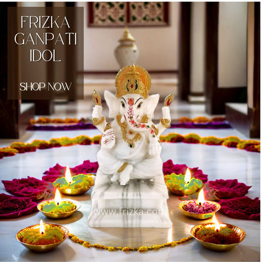 Frizka Marble Dust Ganesha Ganpati Vinayaka Idol Statue Ganesh ji Murti for Pooja Room, Living Room Home Office Decor Gifting Item (White, 5.5 inch Height)