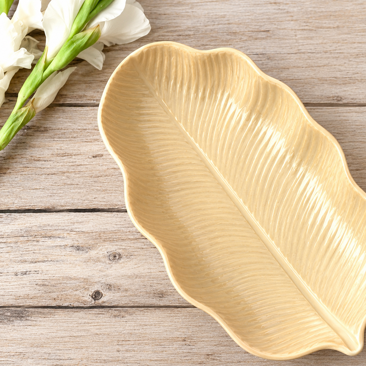 Serving Platter Simple Beige Leaf Design