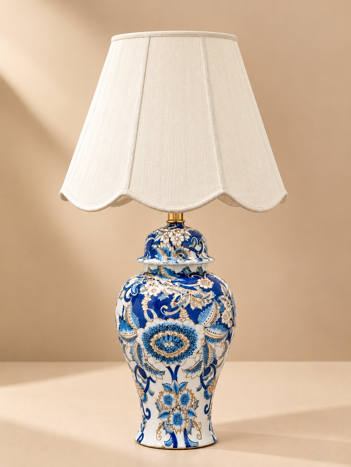 Blue & White Floral Ceramic Table Lamp with Scalloped Fabric Shade