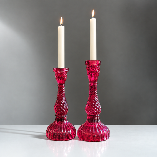 Elegant Ruby Red Glass Candle Holders with Intricate Cutwork – Set of 2