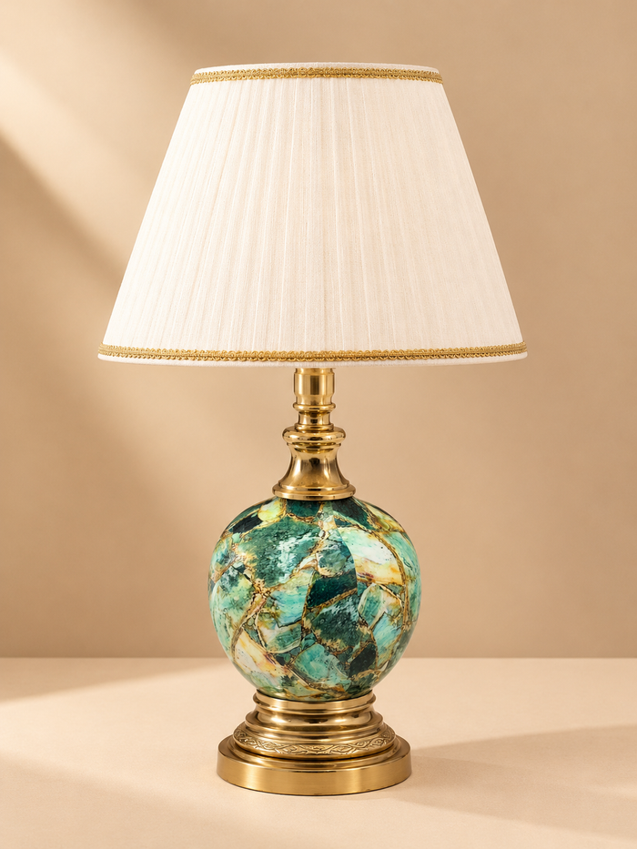 Floral Ceramic Table Lamp with Gold Finish & Pleated Shade